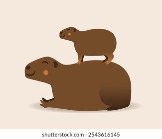 Isolado capivara mãe com filhote, ilustração de estoque de vetor com capivara bonito para design