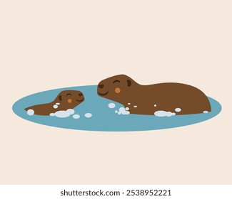 Mãe isolada capivara com filhote durante a lavagem, ilustração de stock de vetor plano com família de capivares fofos na água