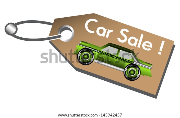 Isolated car sale tag with green car and\
the text car sale written with white\
letters