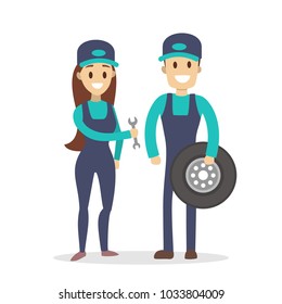 Isolated car service couple with tire and screwdriver.