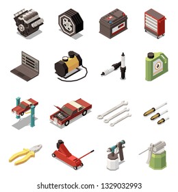 Isolated car service isometric icon set with plug tool kit and equipment vector illustration