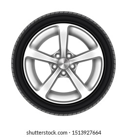 Isolated car wheel on white. Auto tyre or automotive tire with star rim. Machine aluminum disk icon. Bus or truck, lorry or vehicle steel wheel. Transportation and vulcanization, balancing and repair