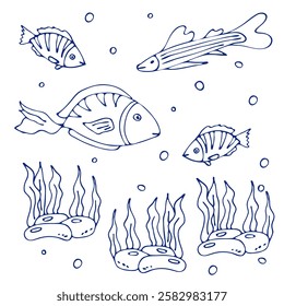 Isolated card: Contoured blue fish in doodle technique swim in an aquarium, pond. Drawing with a pen on a white background