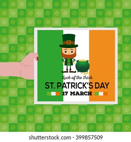 Isolated card with an irish elf, a coin pot and text on a textured background