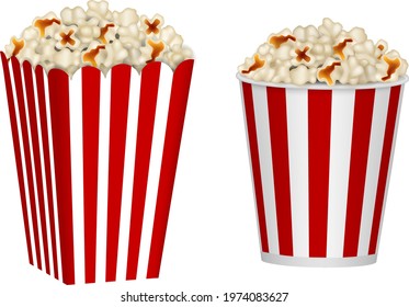 isolated cardboard containers of popcorn. Red and white striped popcorn buckets 