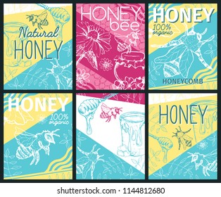 Isolated cards with bee and fresh honey. Signs with hexagon honeycomb and spoon for gathering. Labels for healthy nutrition market or shop, store with beeswax. Insects food retail theme