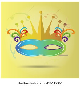 Isolated carnival mask with a crown and ornaments on a light yellow background