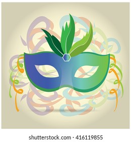 Isolated carnival mask with some feathers and ornaments on a colored background