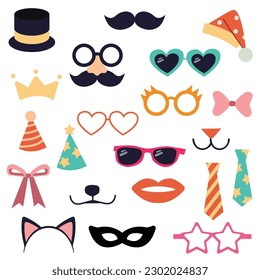 Isolated carnival photo booth party set with masks of various vectors. Props set for birthday party. Happy birthday.