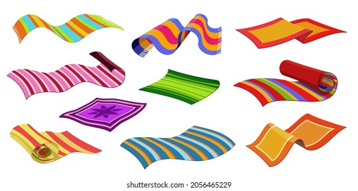 Isolated carpets, beach or cloth mats, floor rugs with striped pattern, vector. Home interior carpets, beach blankets or bath towels, plaid and rag deck rolls with stripes ornament pattern