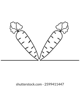 An isolated carrot outline vector illustration with a continuous one-line design. Growing carrot plants with a minimalist outline vector