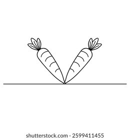 An isolated carrot outline vector illustration with a continuous one-line design. Growing carrot plants with a minimalist outline vector