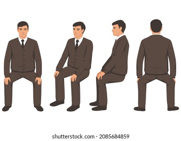 isolated carton businessman sitting, front side and back view