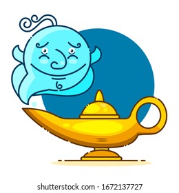 Isolated Cartoon Aladin Lamp With Cloud. Vector Illustration On White Background.