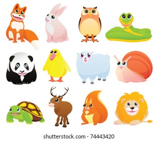 Isolated Cartoon animals with happy smiles. Vector illustration on white background