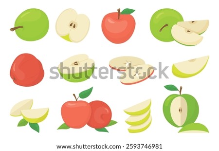 Isolated cartoon apples. Fruit apple green and red, cut half and slices. Raw fresh organic ingredients for pie or jam, vegan vitamin food. Neoteric vector clipart