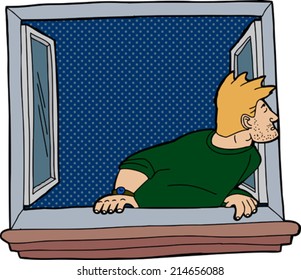 Isolated cartoon of blond man looking outside window