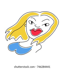 Isolated cartoon blond woman with red lips on white background.