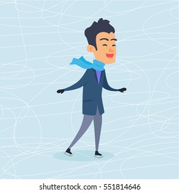 Isolated cartoon boy in warm winter clothes is skating on ice rink. Vector illustration in flat design of male person in blue scarf, grey trousers and bluish jacket. Christmas entertainments in town.