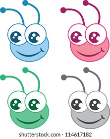 Isolated cartoon bug heads in various colors
