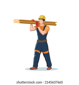 Isolated cartoon builder. Construction worker in overalls. Contractor carries boards. Workman in helmet. Industrial scene. Joiner at work. Vector illustration 