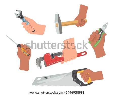 Isolated cartoon builders hands holding manual tools with concept of international workers day