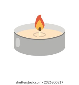 Isolated cartoon burning wax candle, tealight. Modern decoration for home interior, spa, relax. Flat vector illustration on white background