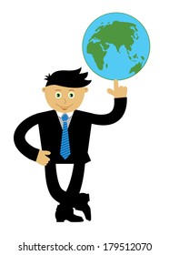 Isolated cartoon businessman. Vector illustration on white background with globe.