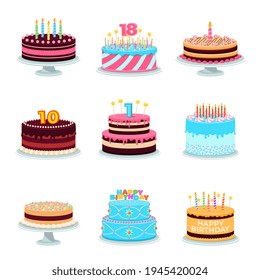 Isolated cartoon cake. Birthday cakes, decorated cute congratulations desserts. Delicious color surprise with candles, sweets recent vector set