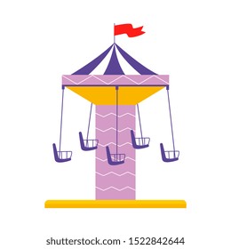 Isolated Cartoon Carousel With Empty Seats - Colorful Flat Merry Go Round Ride With Red Flag On Top And Swing Chairs, Amusement Park Attraction Vector Illustration