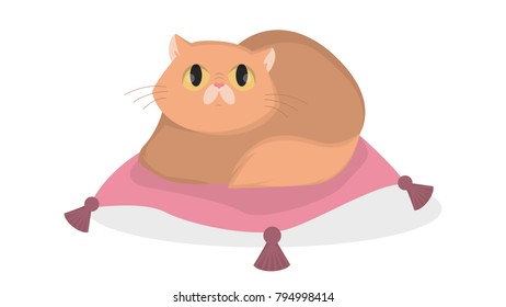 Isolated cartoon cat sitting on pillow on white.
