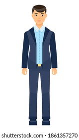 Isolated cartoon character businessman wearing stylish blue suit. Man in unbuttoned jacket, trousers, blue shirt. Business person style. Dresscode of office worker. Brown-haired guy, cloth elements