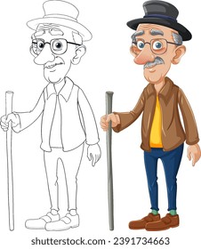 An isolated cartoon character of an old man wearing a hat and glasses, walking with a stick