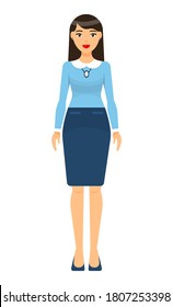 Isolated cartoon character stylish businesswoman wearing turquoise skirt with belt, blouse, shoes. Business lady style. Dresscode of office worker. Long-haired brunette with red lips, accessories