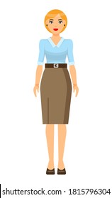 Isolated cartoon character stylish businesswoman wearing brown skirt with belt, blouse, shoes. Businesslady style. Dresscode of office worker. Pretty blonde with bob haircut, red lips. Simple icon