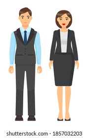 Isolated cartoon characters, stylish businesspeople wearing office suits. Businessman in vest, blue shirt, tie and trousers. Businesswoman wear grey jakcet, white blouse, skirt. Dresscode of workers