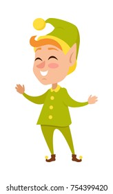 Isolated cartoon Christmas elf with red hair in green costume with yellow buttons and hat with ball on white. Vector illustration of smiling little gnome with closed eyes. Joyful New Year character.