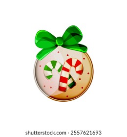 Isolated cartoon Christmas medallion with candy cane and green bow. Can be used for Christmas cards, poster, stickers and etc. Clipart. Vector illustration.