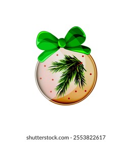 Isolated cartoon Christmas medallion with spruce branch and green bow. Can be used for Christmas cards, poster, stickers and etc. Clipart. Vector illustration.