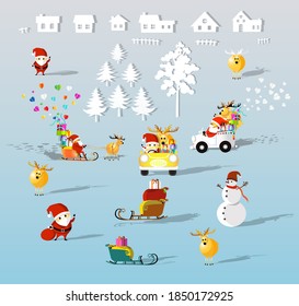 Isolated cartoon for christmas santa claus, reindeer, snowman, sledding, present with ribbon bow and colorful heart for anniversary happy new year, Paper cut style, For printing, Vector illustration.