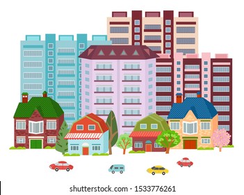 isolated cartoon cityscape with cute building and trees for your design