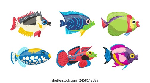 Isolated cartoon collection of colorful sea fish and vibrant coral reef inhabitant on white