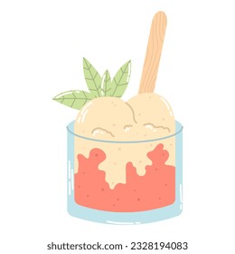 Isolated cartoon colorful ice cream in glass with stick and mint in flat vector style on white background. Summer food.