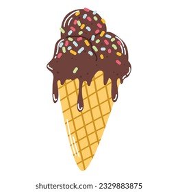 Isolated cartoon colorful ice cream in a waffle cone with chocolate ball with colorful sprinkles in flat vector style on white background. Summer food.