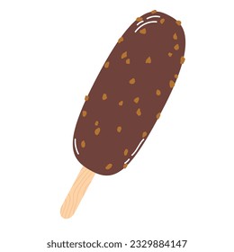 Isolated cartoon colorful ice cream in chocolate glaze with nut crumb on stick in flat vector style on white background. Summer food.