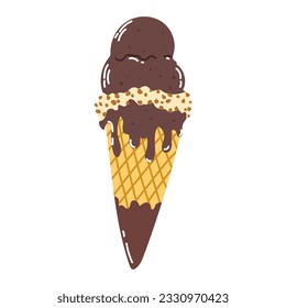 Isolated cartoon colorful ice cream in a waffle cone with chocolate liquid three ball sprinkled nuts in flat vector style on white background. Summer food.
