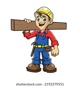 Isolated cartoon construction worker. Builder in overalls. Vector illustration