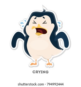Isolated cartoon crying penguin on white background.