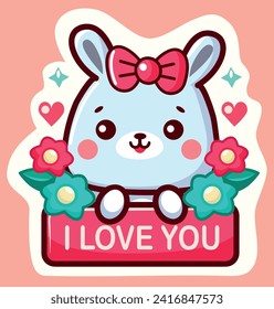 
Isolated cartoon cute blue rabbit surrounded by bright flowers with a bow on his head and the inscription in his paws I love you. Icon, sticker for card, banner, invitation, Happy Valentine's Day.