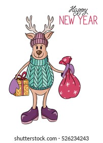 Isolated Cartoon cute hand drawn Christmas deer with presents vector illustration.